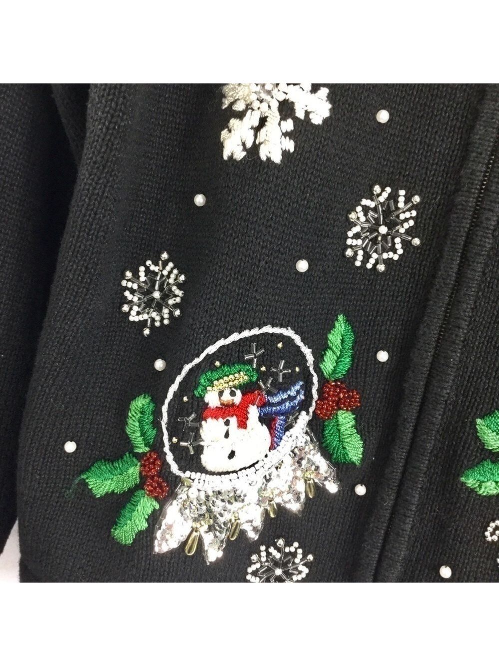 Vintage B.P. Design Beaded Snowy Christmas Snow Globe Zip Front Cardigan Size L - Picture 5 of 11
